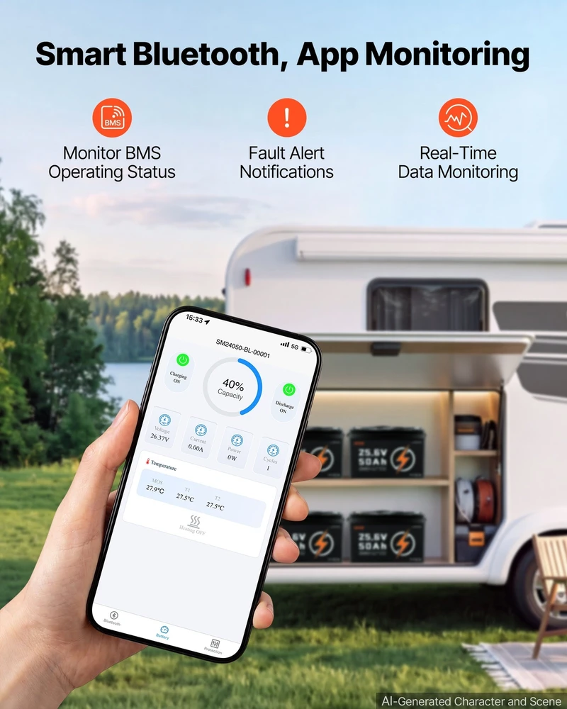 VEVOR 24V 50Ah LiFePO4 ličio baterija su Bluetooth