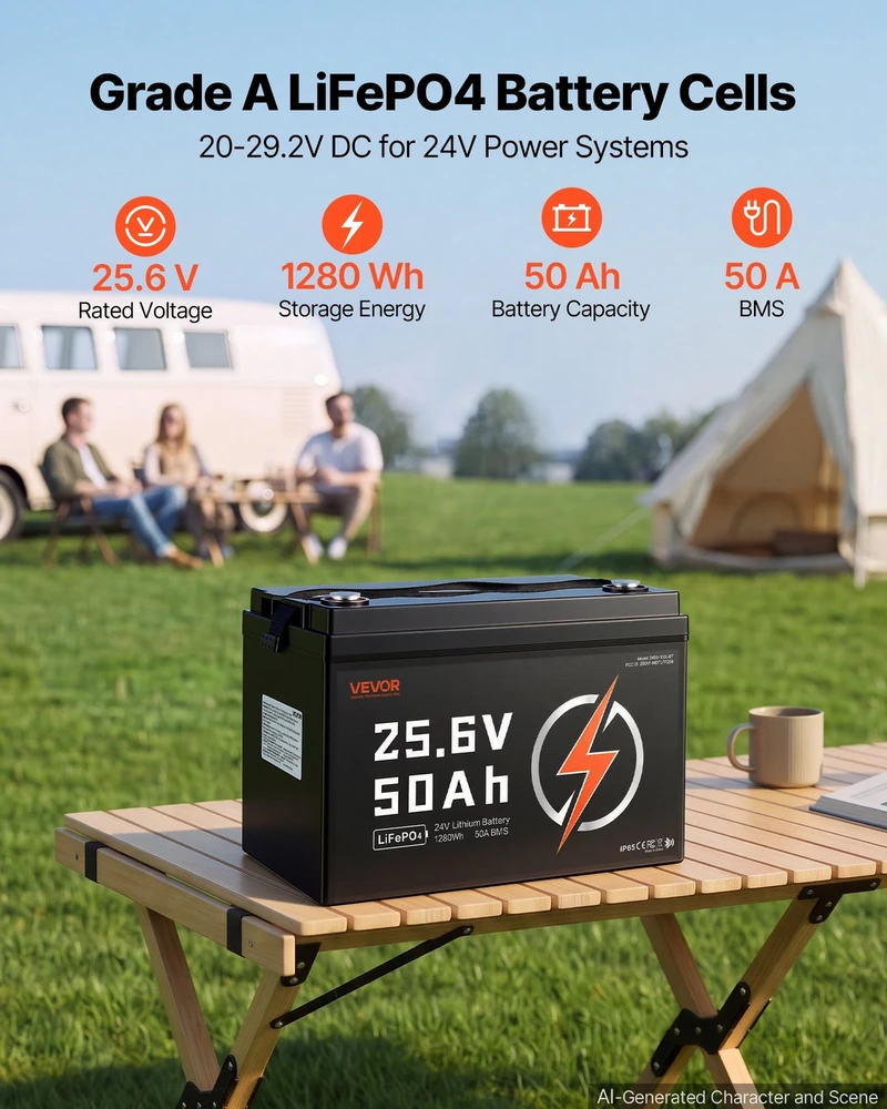 VEVOR 24V 50Ah LiFePO4 ličio baterija su Bluetooth