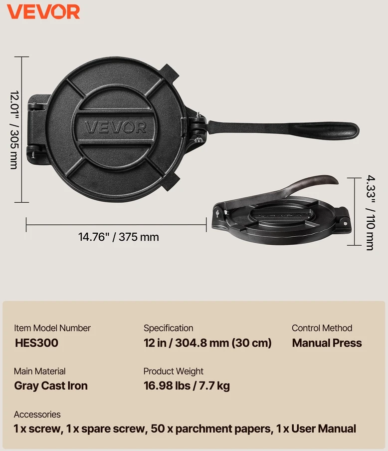 VEVOR 30 cm ketaus tortilijų presas