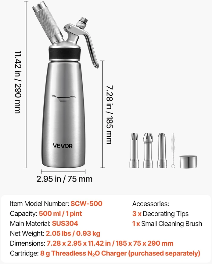 VEVOR 304 nerūdijančio plieno grietinėlės sifonas 500 ml