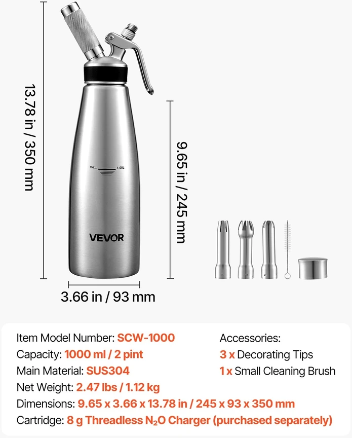 VEVOR 304 nerūdijančio plieno plakiklis grietinėlei 1000 ml