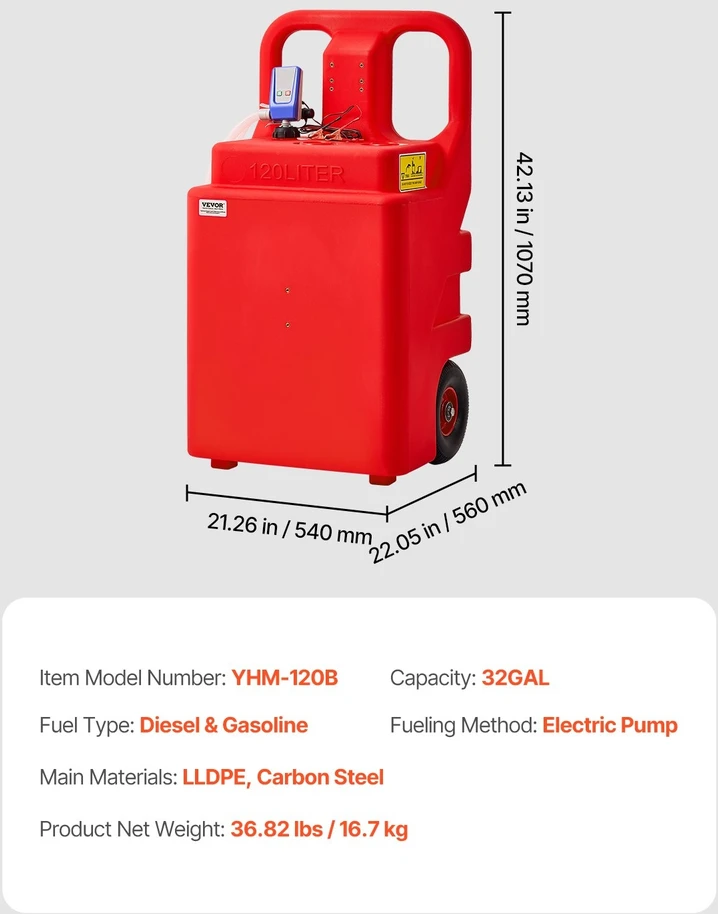 VEVOR 32 galonų kuro bakas su elektriniu siurbliu