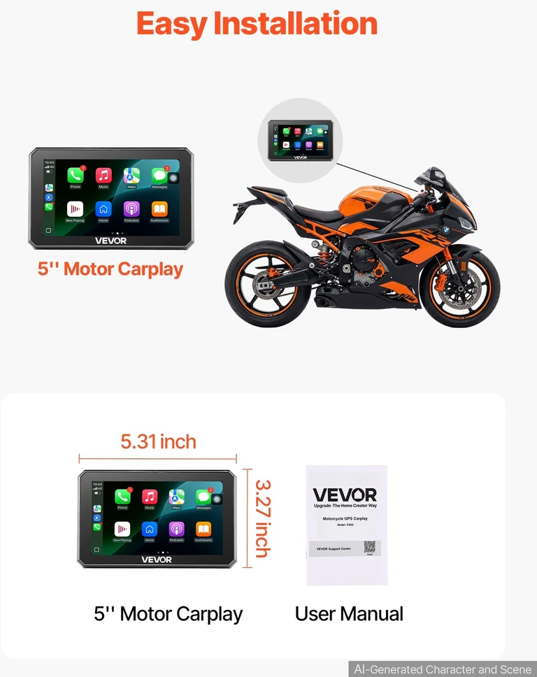 VEVOR 5 colių belaidis motociklų CarPlay ekranas