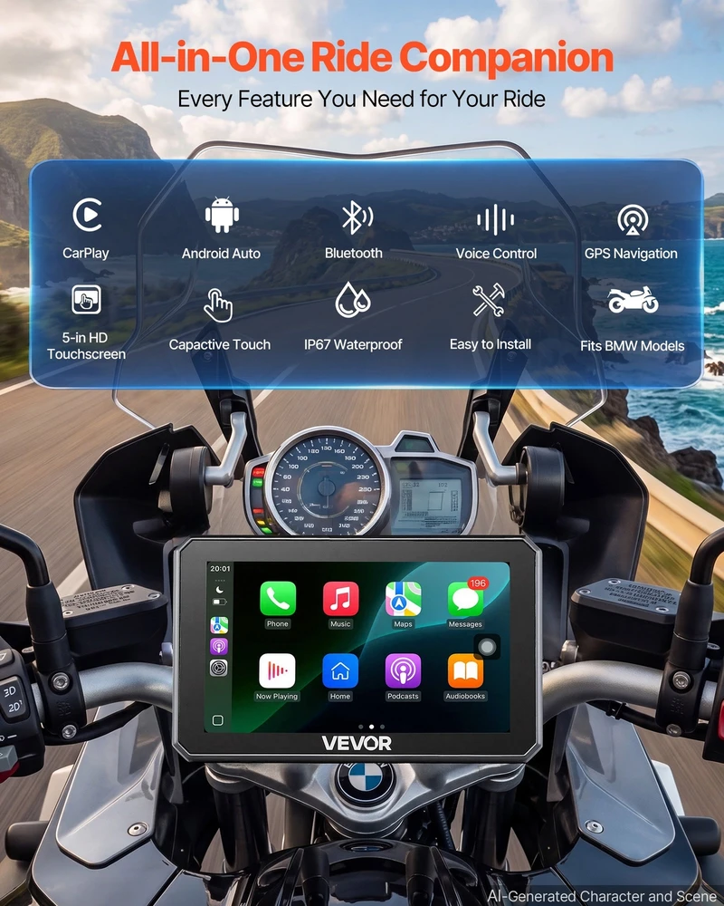 VEVOR 5 colių belaidis motociklų CarPlay ekranas