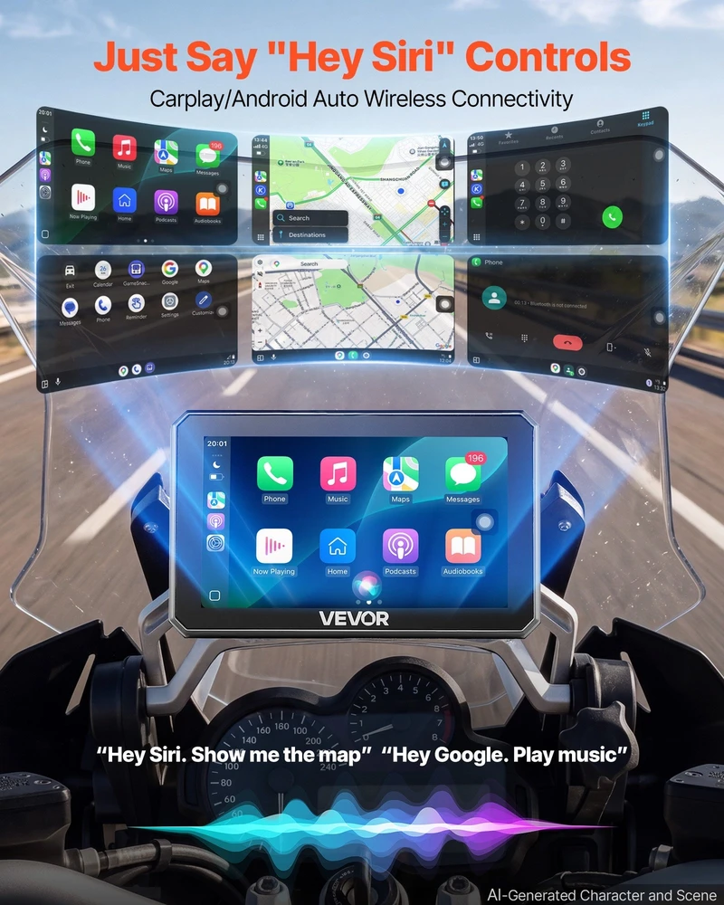 VEVOR 5 colių belaidis motociklų CarPlay ekranas