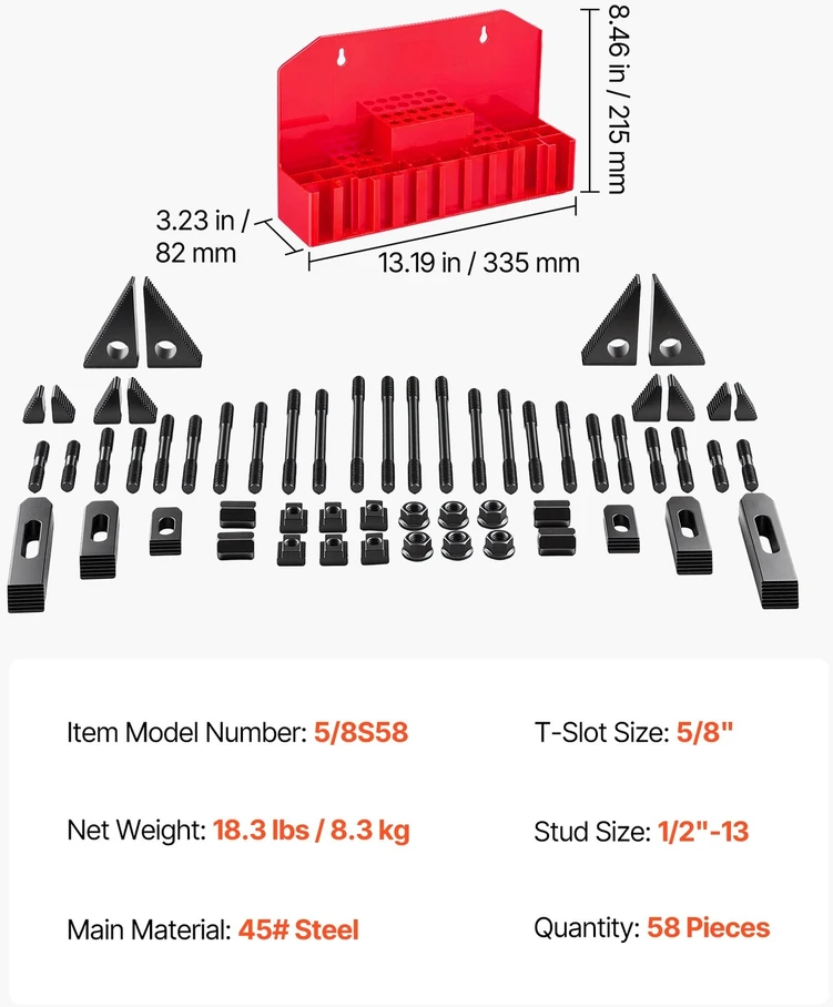 VEVOR 58 dalių 5/8" T formos griovelio prispaudimo rinkinys