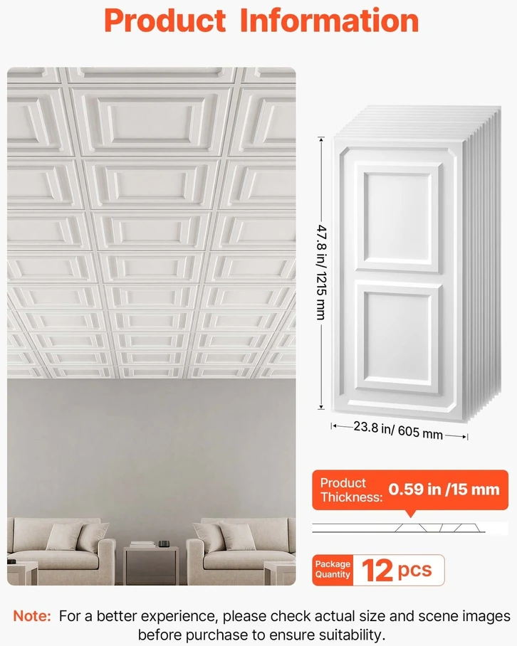 VEVOR 605x1215mm PVC lubų plokštės, 12 vnt., baltos