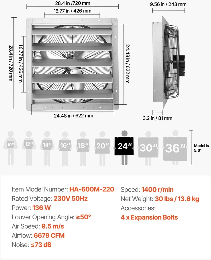 Sieninis ištraukimo ventiliatorius VEVOR HA-600M-220, 6679 CFM