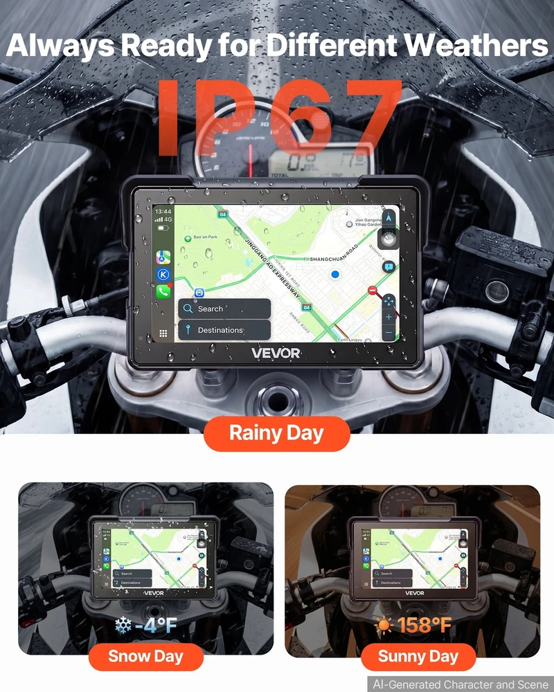VEVOR 7 colių belaidė motociklų CarPlay sistema