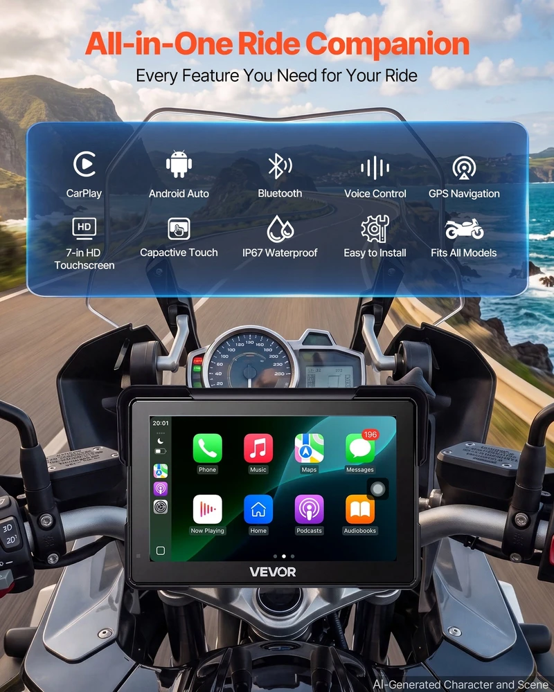VEVOR 7 colių belaidė motociklų CarPlay sistema