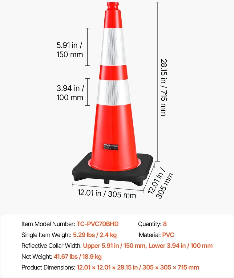 VEVOR 8 PVC eismo kūgiai su atšvaitais