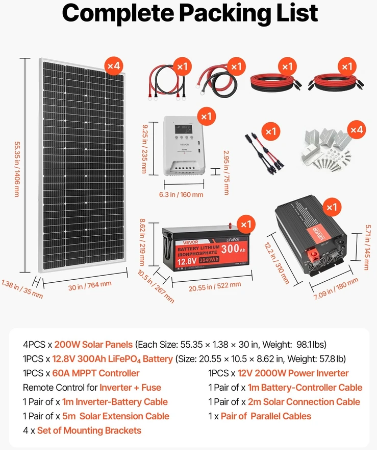 VEVOR 800W 12V saulės energijos komplektas