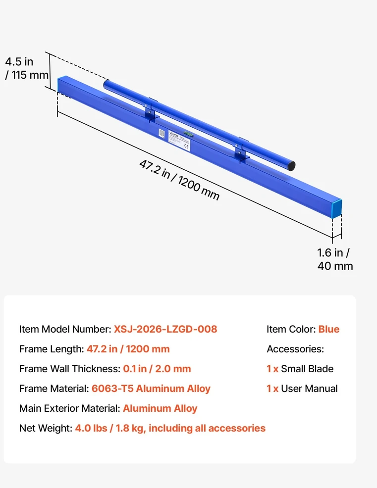 Betono lyginimo liniuotė VEVOR XSJ-2026-LZGD-008, 1200 mm
