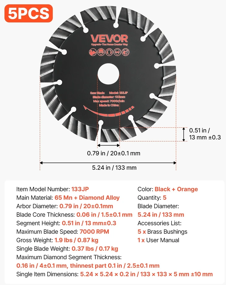 Deimantiniai pjovimo diskai VEVOR 133JP, 133 mm, 5 vnt.