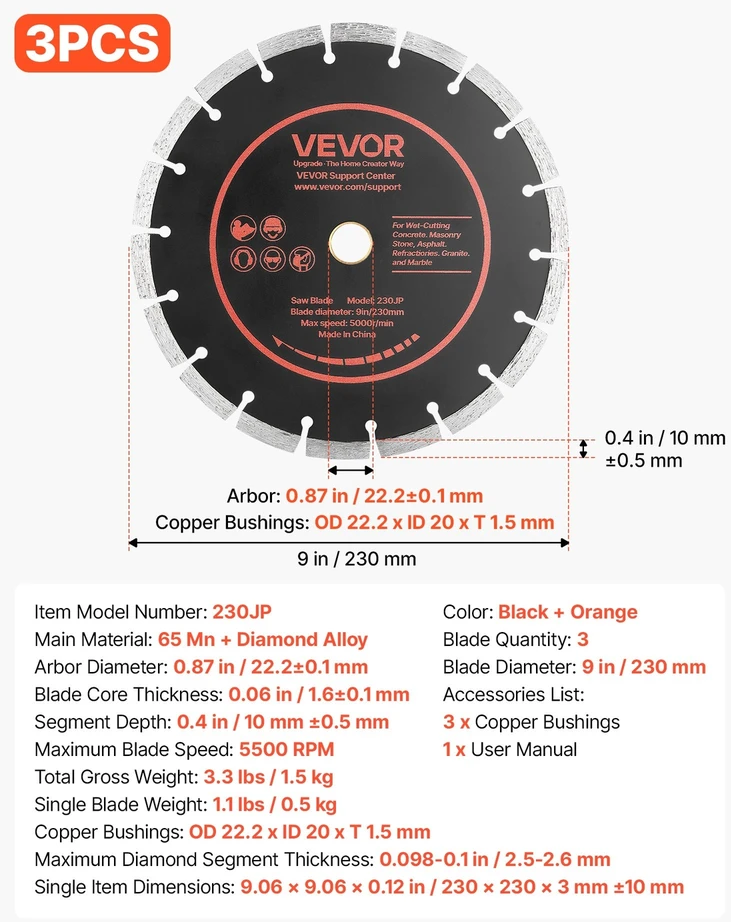 Deimantiniai pjovimo diskai VEVOR 230JP, 230 mm
