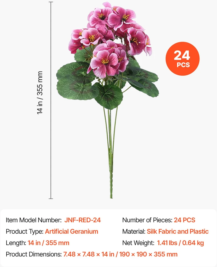VEVOR Dirbtinės rožinės pelargonijos su stiebais, 24 vnt.