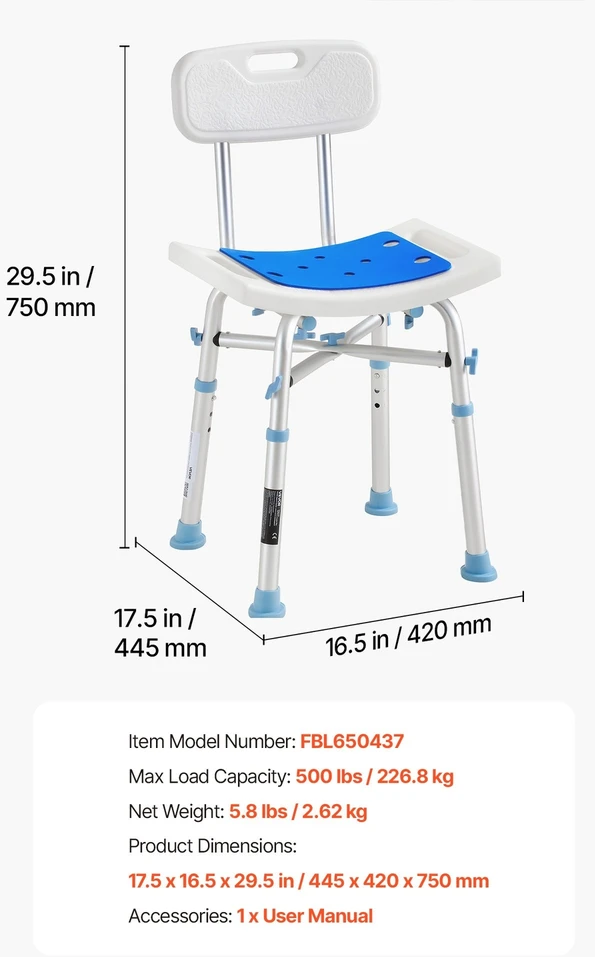 VEVOR Dušo kėdė su atlošu, iki 227 kg