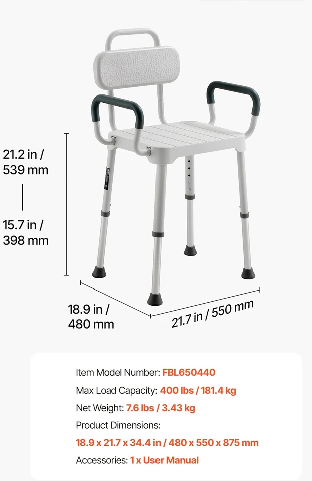 VEVOR Dušo kėdė su porankiais ir atlošu, 181 kg