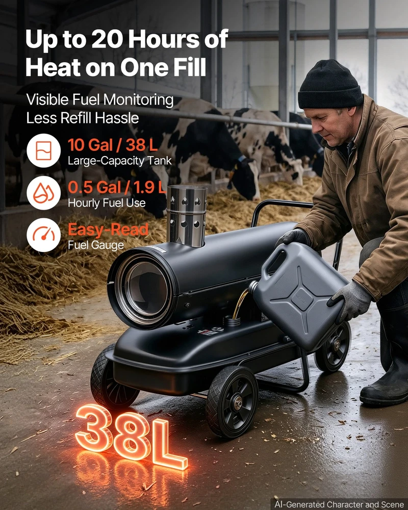 VEVOR 20kW priverstinio oro žibalo dyzelinis šildytuvas, nešiojamas torpedinis patalpų šildytuvas, pramoninis šildytuvas sandėliui, garažui, dirbtuvėms, statyboms, lauko šildymui