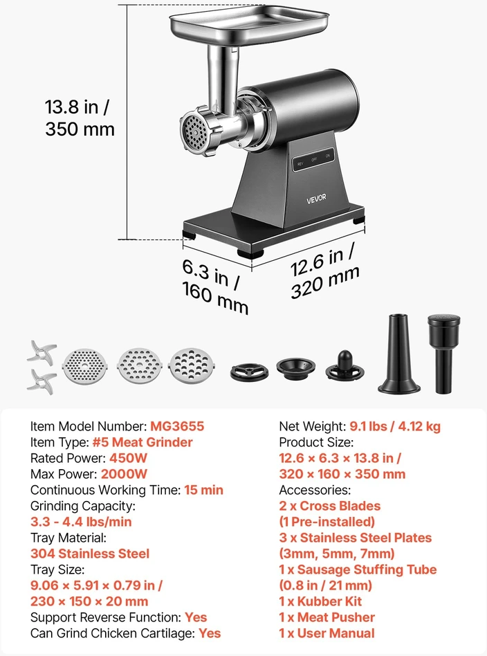 VEVOR Elektrinė mėsmalė #5, 1.5-2kg/min
