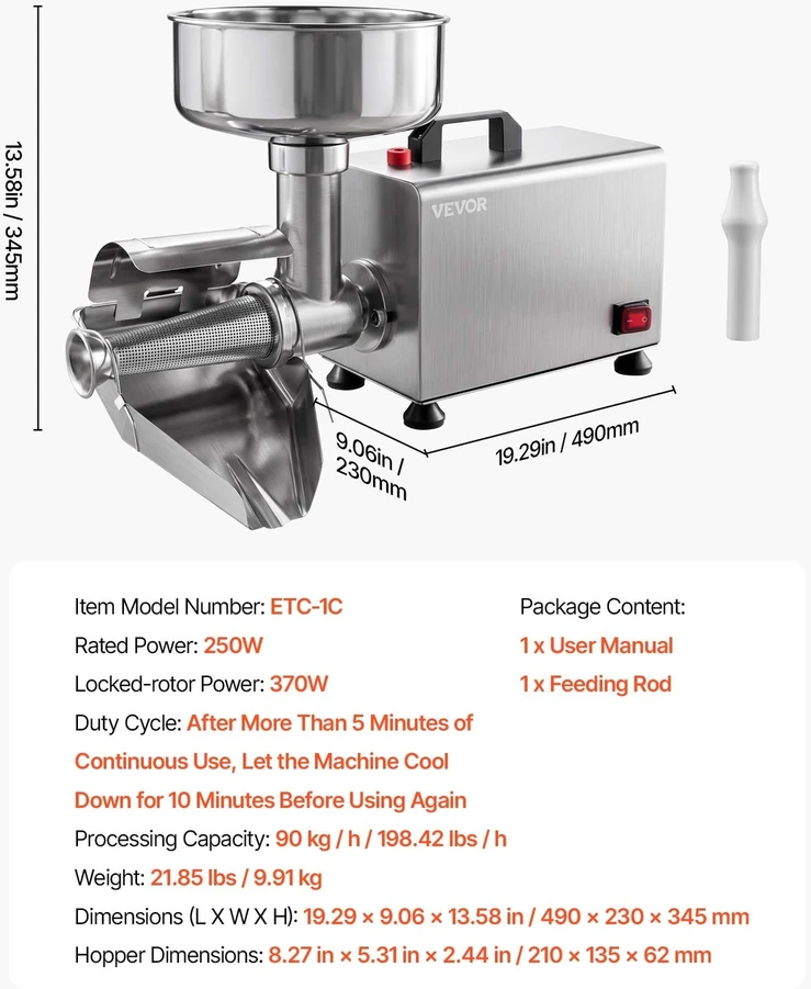 VEVOR Elektrinis pomidorų trintuvas 250 W, 90 kg/h
