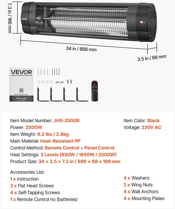 Infraraudonųjų spindulių šildytuvas VEVOR JHS-2500R, 2500 W