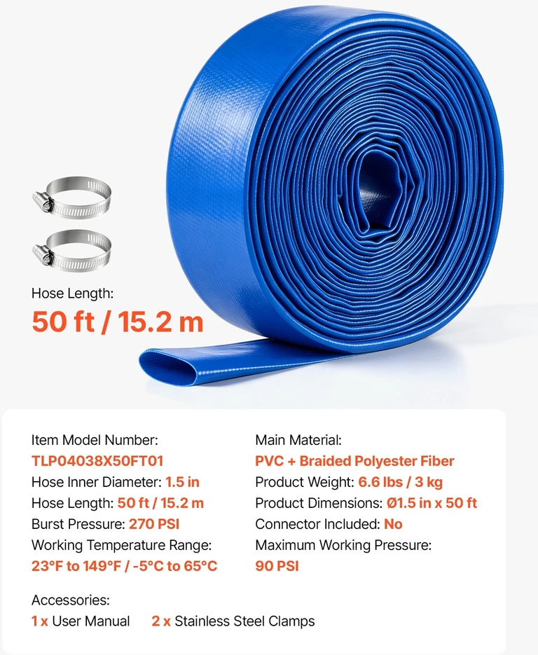 VEVOR Išleidimo žarna 1-1/2" x 15,2 m PVC