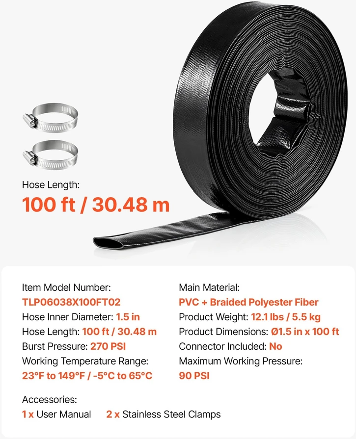 VEVOR Išleidimo žarna 1-1/2" x 30.48 m PVC