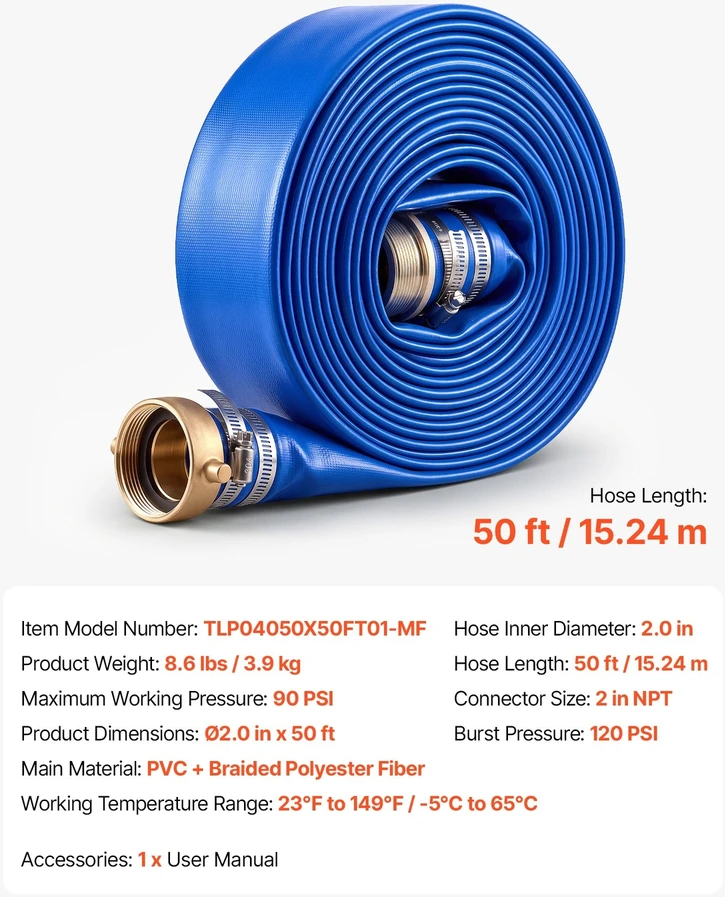 VEVOR Išleidimo žarna 2" x 15,2 m PVC