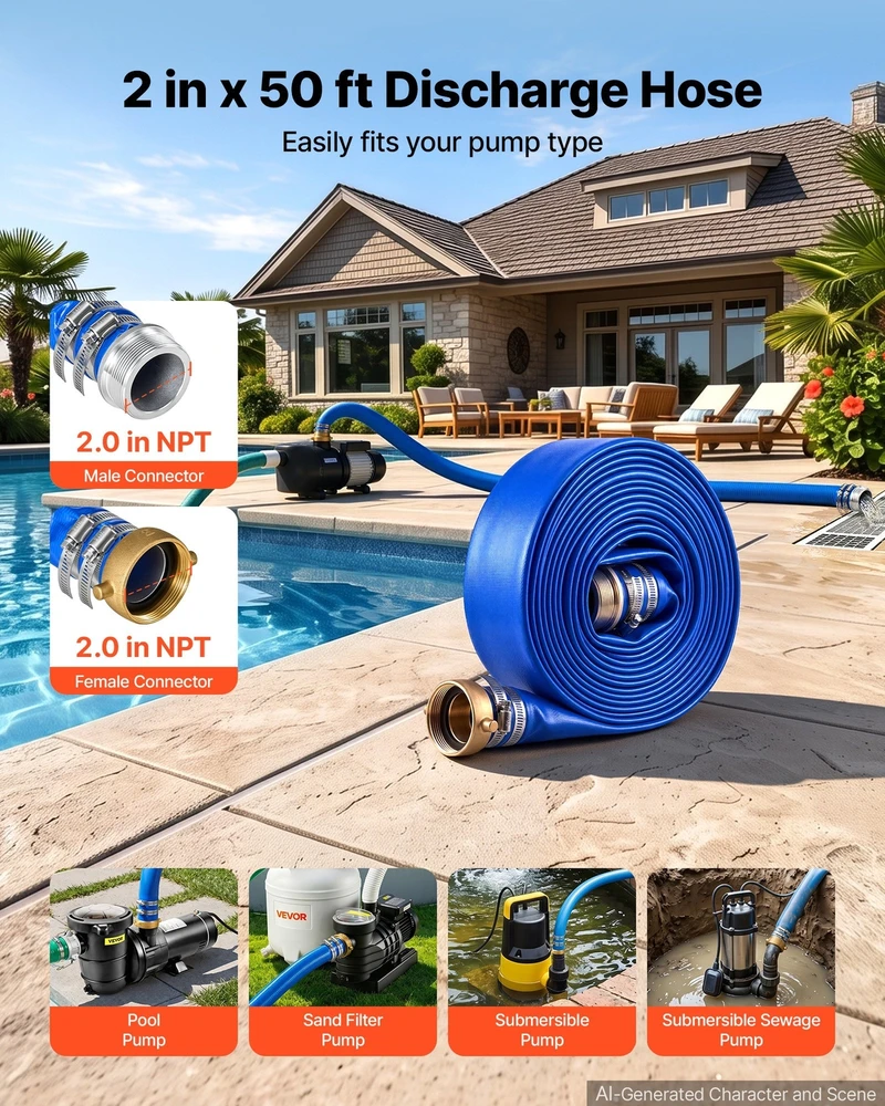 VEVOR Išleidimo žarna 2" x 15,2 m PVC