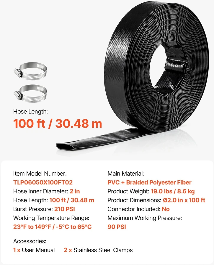VEVOR Išleidimo žarna 2" x 30,48 m PVC