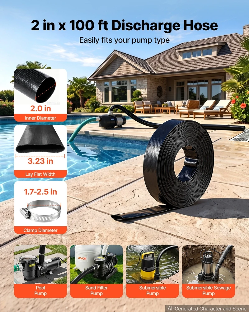 VEVOR Išleidimo žarna 2" x 30,48 m PVC