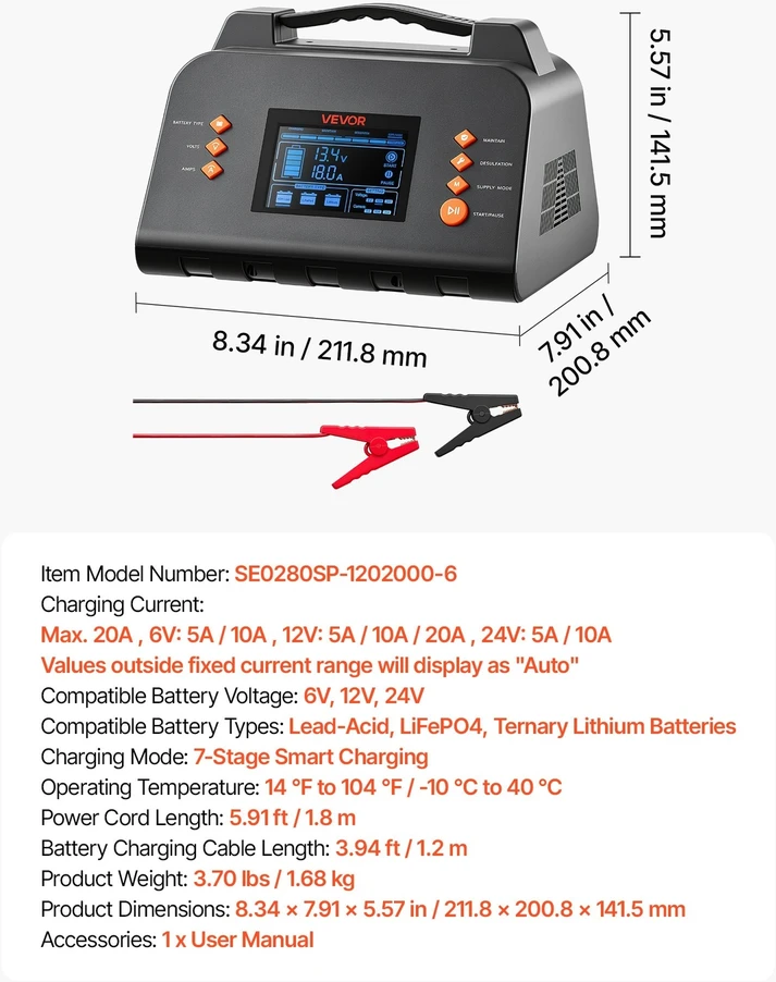 VEVOR Išmanus akumuliatorių įkroviklis 20A 6V/12V/24V