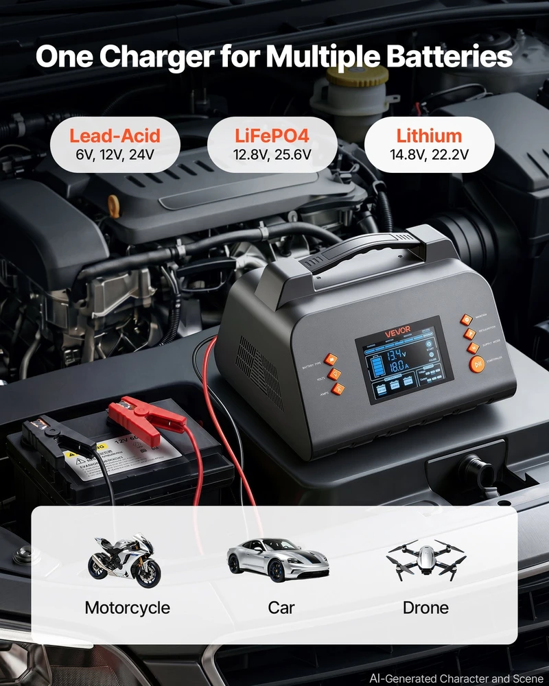 VEVOR Išmanus akumuliatorių įkroviklis 20A 6V/12V/24V