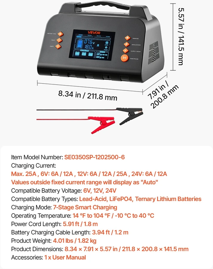 Išmanusis akumuliatorių įkroviklis VEVOR SE0350SP-1202500-6, 25A