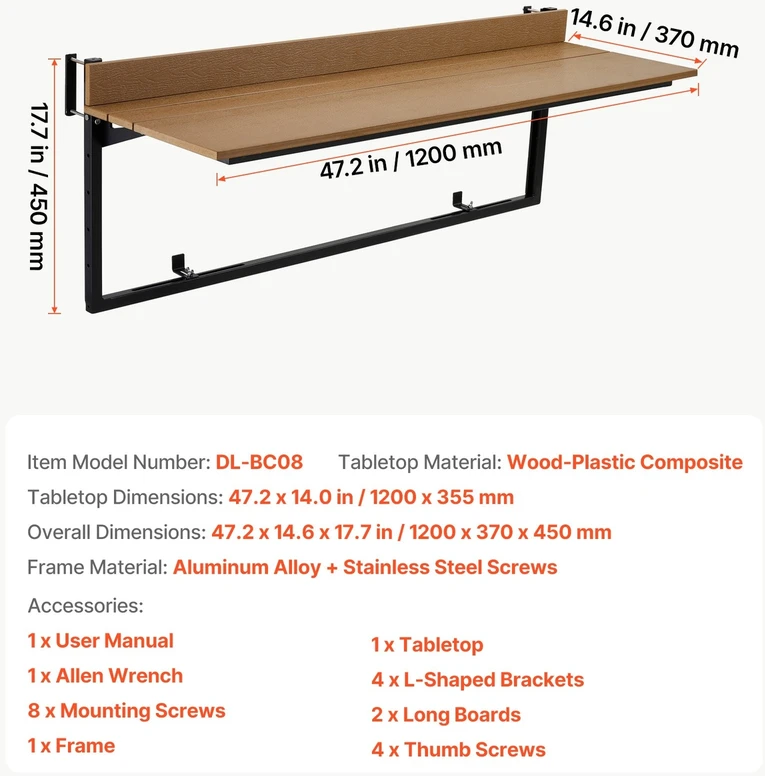 VEVOR Kabinamas balkono stalas 1200 x 370 mm