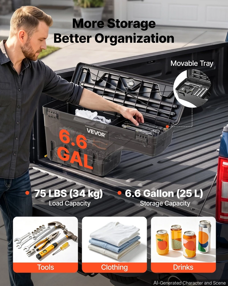 VEVOR Sunkvežimio krovinių dėžė, užrakinama, vandeniui atspari įrankių dėžė Dodge Ram 1500, 25L ABS, ratų arkos organizatorius, juoda, pikapui, įrankiams