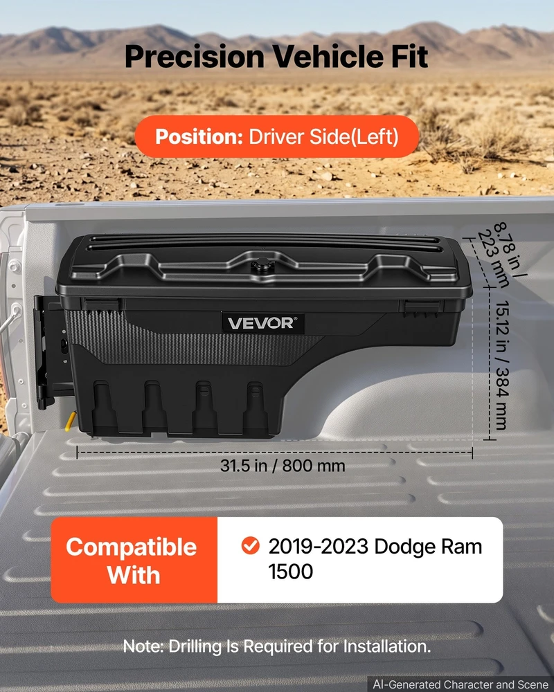 VEVOR Sunkvežimio krovinių dėžė, užrakinama, vandeniui atspari įrankių dėžė Dodge Ram 1500, 25L ABS, ratų arkos organizatorius, juoda, pikapui, įrankiams