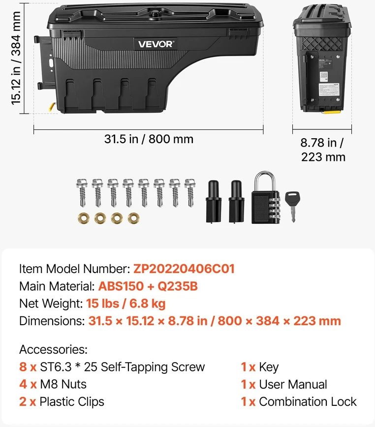 VEVOR Sunkvežimio krovinių dėžė, užrakinama, vandeniui atspari įrankių dėžė Dodge Ram 1500, 25L ABS, ratų arkos organizatorius, juoda, pikapui, įrankiams