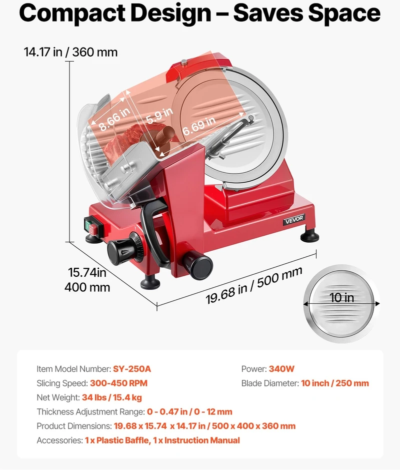VEVOR Komercinė mėsmalė pjaustyklė 340W, 25 cm