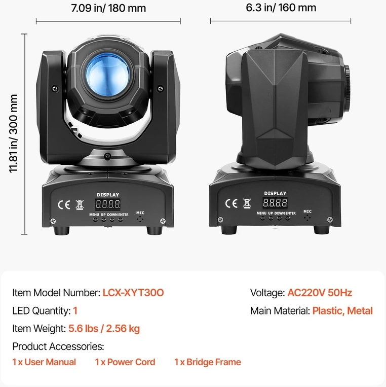 VEVOR LED judanti galva, 30W RGB scenos šviestuvas