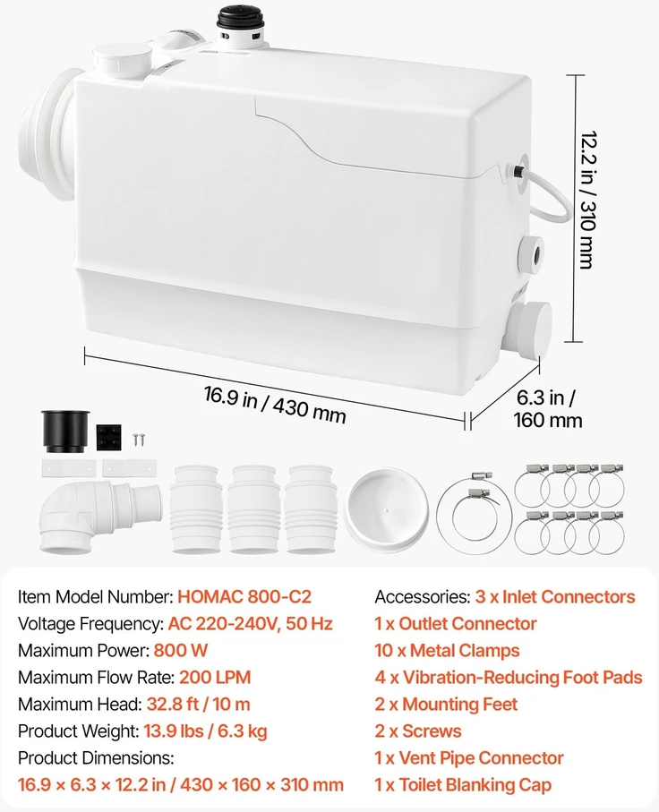 VEVOR Maceratorinis siurblys 800W su 4 įvadais