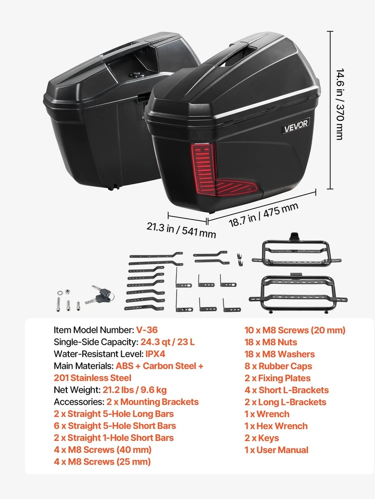VEVOR Motociklo šoniniai lagaminai 46 L (2 vnt.)