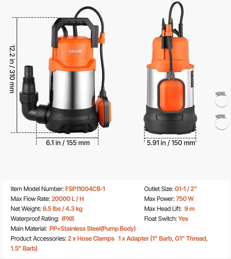 VEVOR Panardinamas vandens siurblys 750W 20000 L/H
