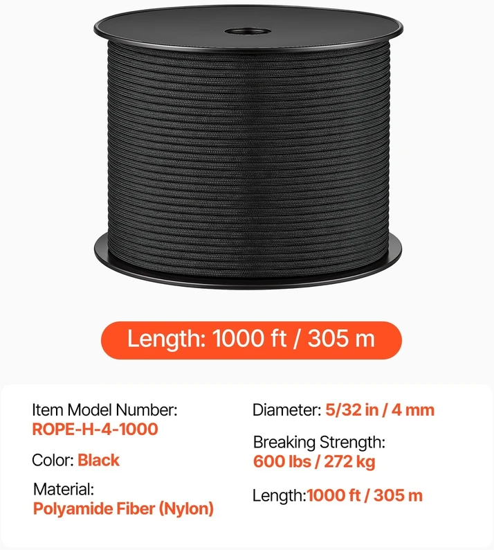 VEVOR Parakordo virvė 4 mm x 305 m, juoda