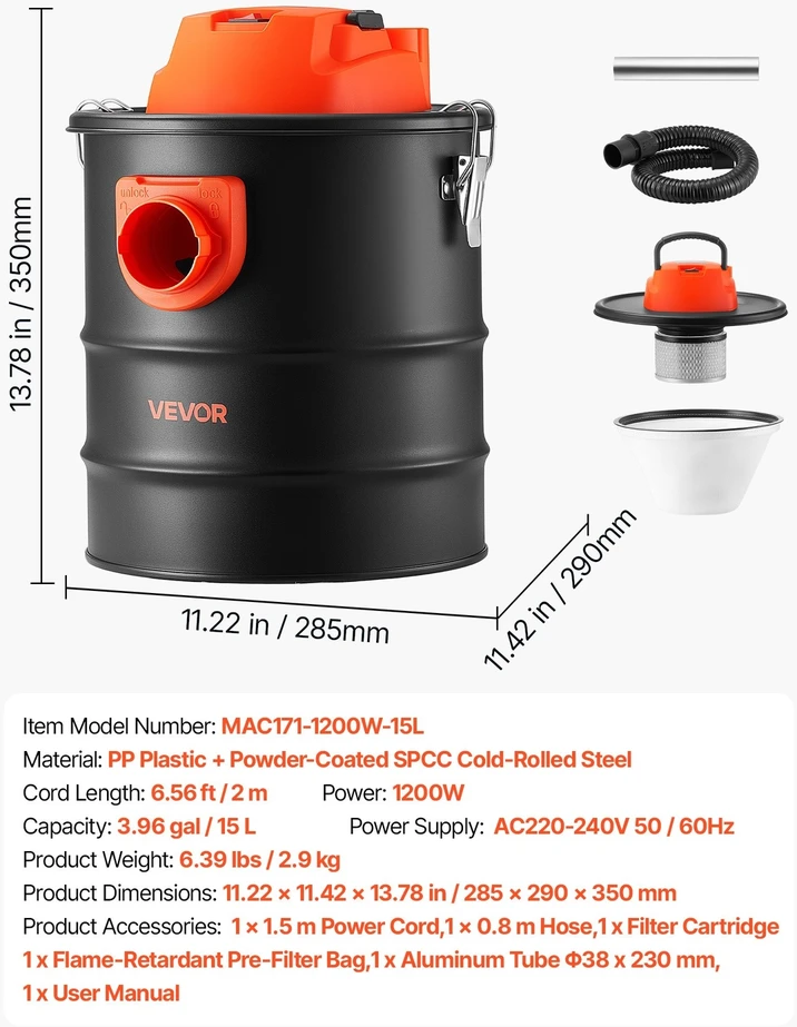 VEVOR Pelenų dulkių siurblys 15 l, 1200 W