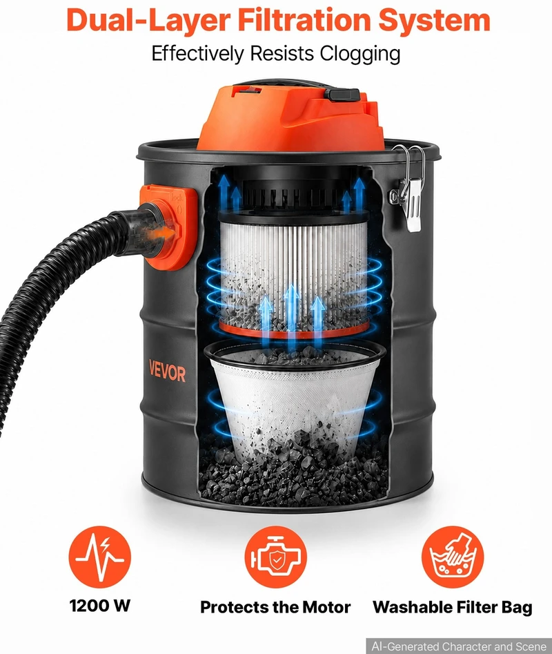 VEVOR Pelenų dulkių siurblys 15 l, 1200 W