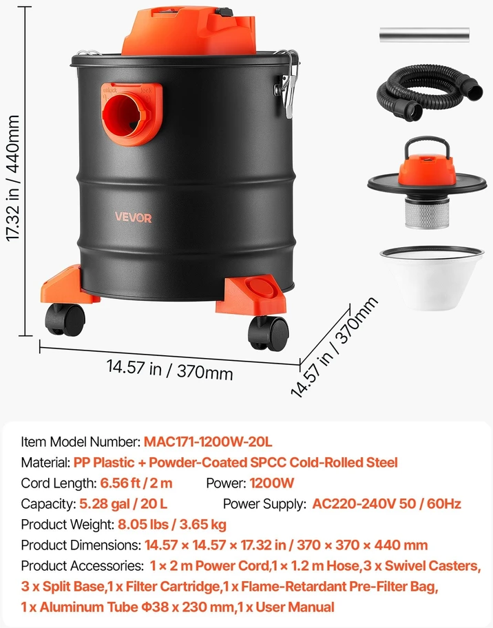 VEVOR Pelenų siurblys 20 l, 1200 W