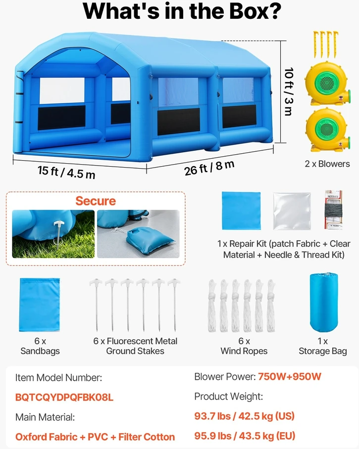 VEVOR Pripučiama dažymo kabina 8 x 4,5 x 3 m