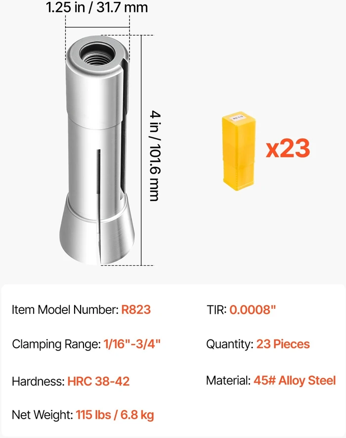 VEVOR R8 frezavimo įvorių rinkinys 1/16"-3/4" (23 vnt.)